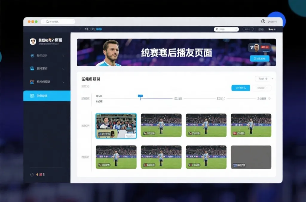 比赛结束后，电视屏幕展示集锦回放页面，旁边有时间轴和多角度切换提示